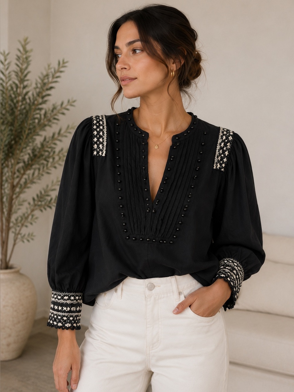 NWOT Zara Beaded Lace Puff Sleeves Top Black and White